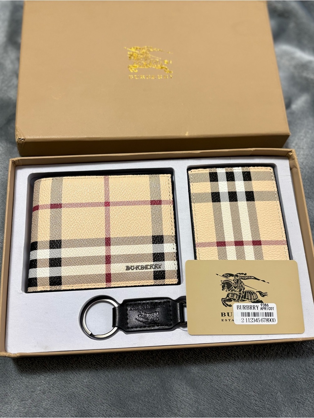 Burberry Beige & Black Check Wallet, Cardholder & Black Key Ring Set